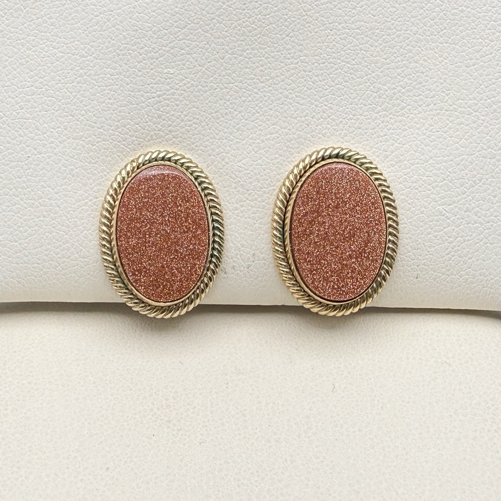 Vintage Goldstone Oval Cabochon Screwback Earrings Gold Tone Rope Frame Sparkly